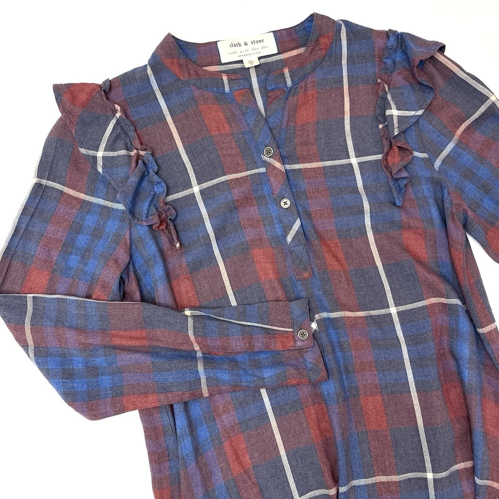 Anthropologie Cloth & Stone Long Sleeve Plaid Shoulder Ruffle Dress Sz XS
